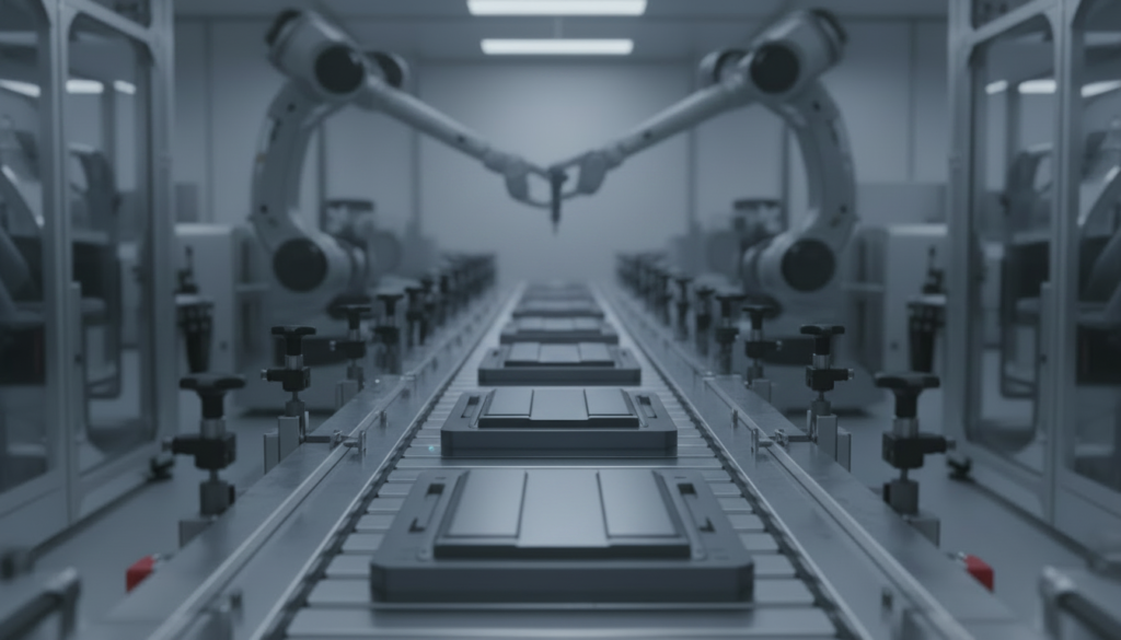 Linha de produção automatizada montando os módulos de uma bateria de sódio em uma fábrica de alta tecnologia.