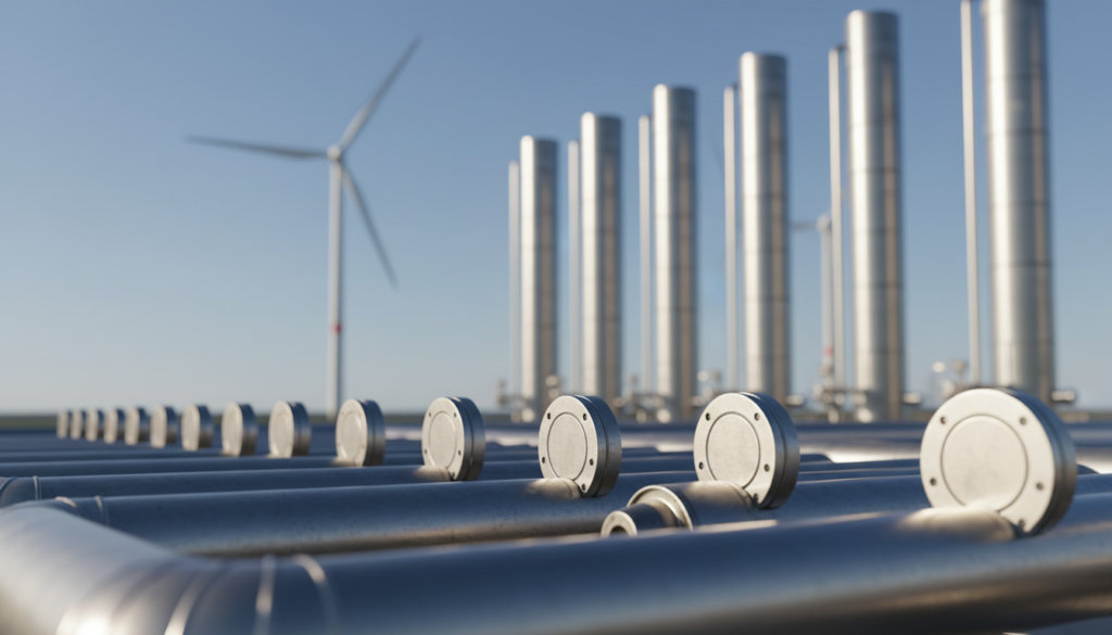 Vista interna de uma usina industrial de alta tecnologia com tubulações de aço inox e eletrolisadores para a produção de hidrogênio verde utilizando fontes de energia limpa ao fundo.