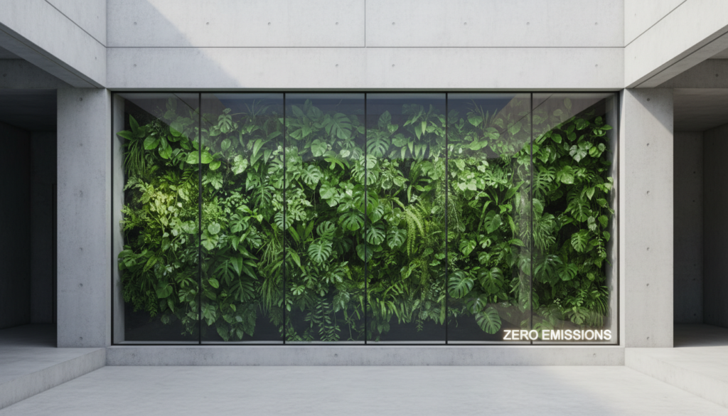 Arquitetura industrial sustentável integrada a um jardim vertical verdejante, representando o equilíbrio ecológico obtido com o hidrogênio verde na descarbonização das empresas.