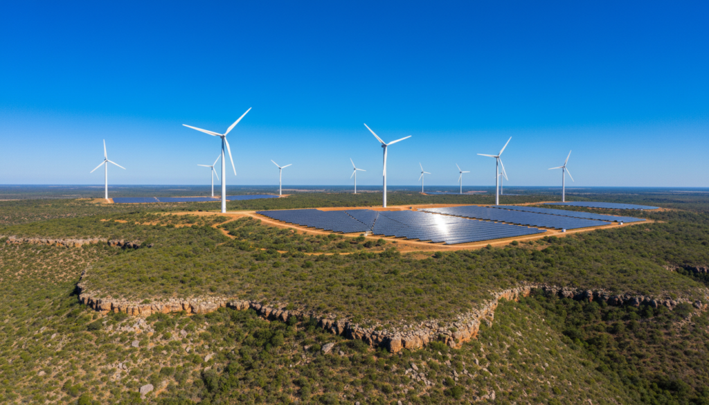 Fotografia aérea de usina híbrida com turbinas eólicas e painéis solares sob céu azul no Brasil, representando o avanço da transição energética.