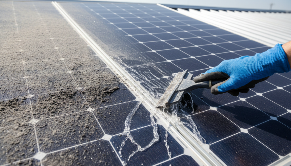 Close-up de placa solar parcialmente suja de poeira sendo limpa com água, mostrando a manutenção essencial para a transição energética corporativa.