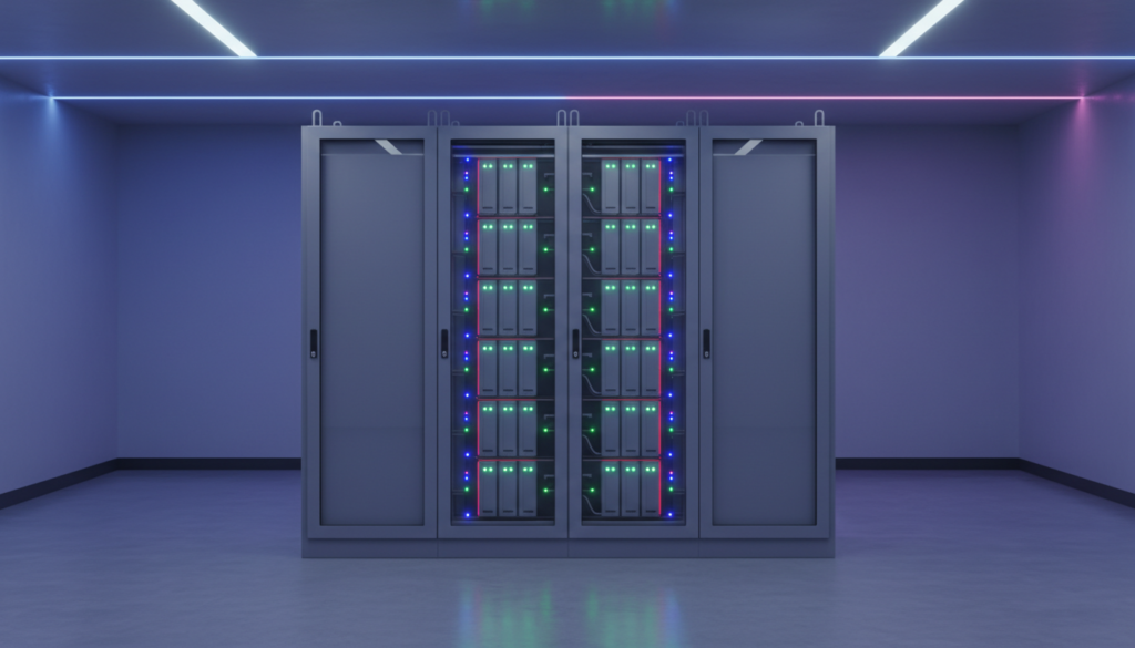 Sistema de baterias de grande porte em rack metálico com luzes LED verdes em operação dentro de uma indústria, viabilizando a transição energética estável.
