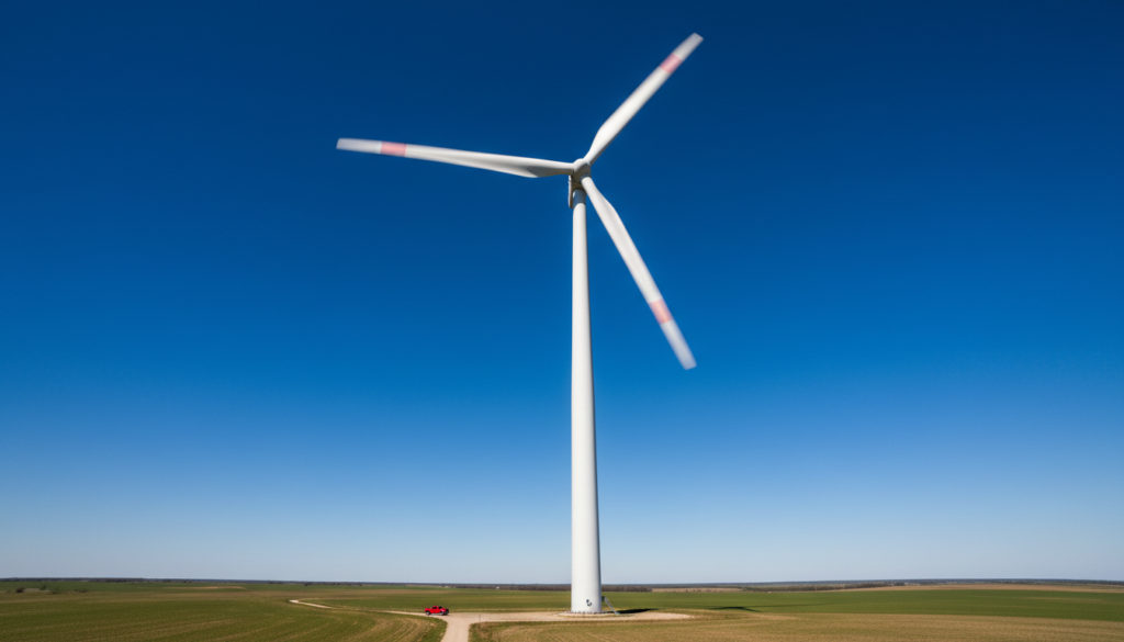 Fotografia em ângulo baixo mostrando a escala monumental de uma turbina eólica branca girando contra um céu azul limpo, ilustrando a eficiência da geração solar ou eólica no Nordeste brasileiro.