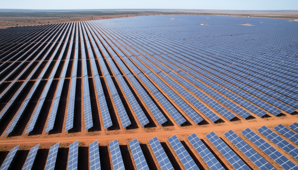 Visão aérea mostrando milhares de painéis solares alinhados geometricamente em fileiras sob sol forte do meio-dia na Bahia, representando a vastidão da geração solar ou eólica centralizada.