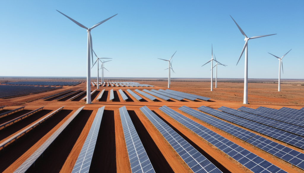 Fotografia fotorrealista de um complexo de energia híbrida no Piauí, mostrando fileiras de painéis solares azuis no solo e turbinas eólicas brancas altas ao fundo sob céu claro, ilustrando a co-localização eficiente solar ou eólica.
