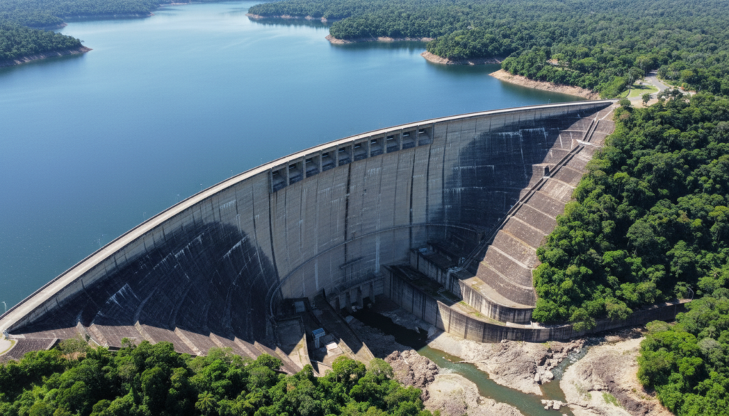 Vista aérea de uma grande barragem de concreto com reservatório de água cercado por floresta nativa para geração de energia limpa.