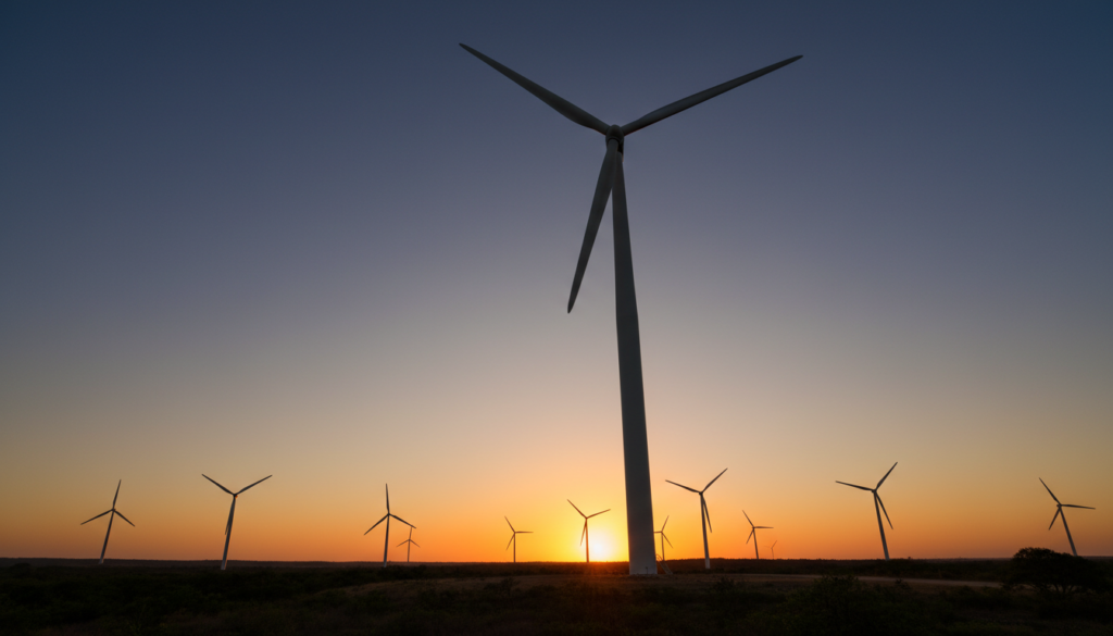 Fotografia de grande aerogerador de energia eólica girando suas pás brancas sob o céu alaranjado do pôr do sol no semiárido brasileiro.