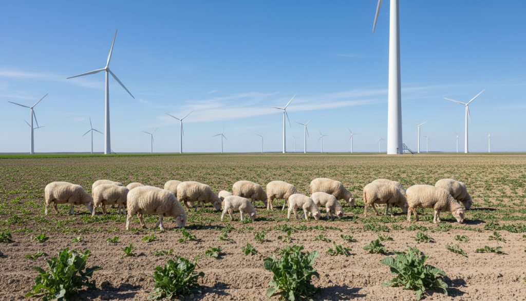 Parque de energia eólica com torres brancas integradas a uma propriedade rural com vegetação e animais pastando ao redor da estrutura.