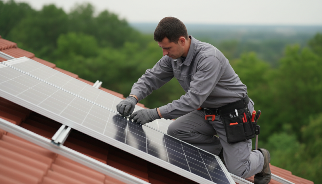 Generatedimage_1783375229448 Técnico especializado realizando a instalação de placas de energia solar sobre o telhado de uma residência.