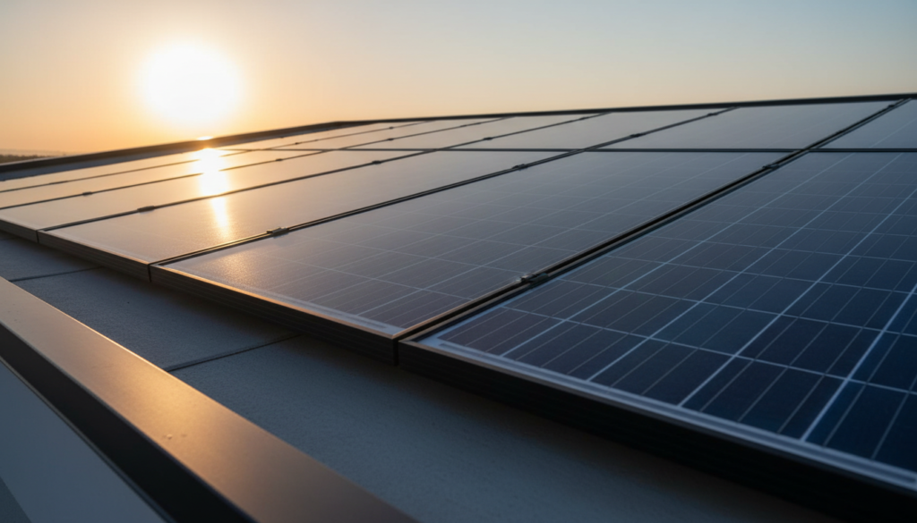 Generatedimage_1783375301350 Detalhe aproximado de painéis de energia solar fotovoltaica instalados em telhado residencial moderno durante o pôr do sol.
