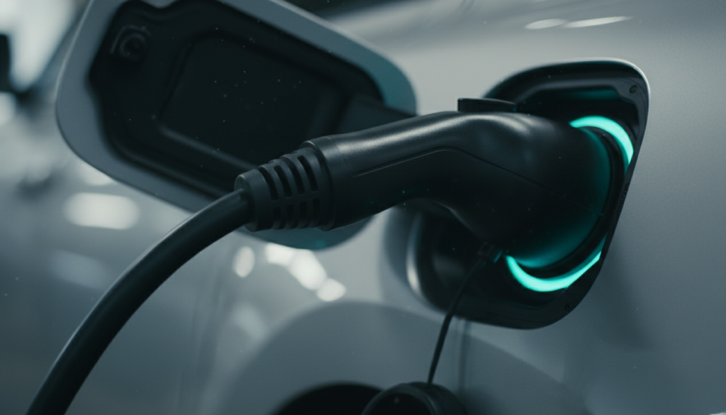 Detalhe de conector Tipo 2 acoplado ao bocal de recarga de um motor de carro elétrico com indicador luminoso em LED ativado.