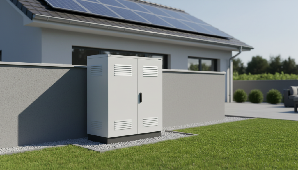 Gabinete residencial de armazenamento com bateria de sódio instalado ao lado de uma casa com painéis solares ao fundo.