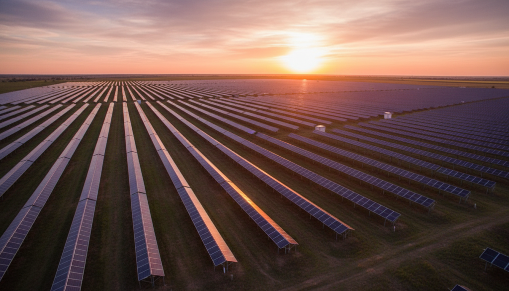 Generatedimage_1783620851627 Fileiras simétricas de módulos fotovoltaicos instalados em uma usina de energia solar focada em geração distribuída.