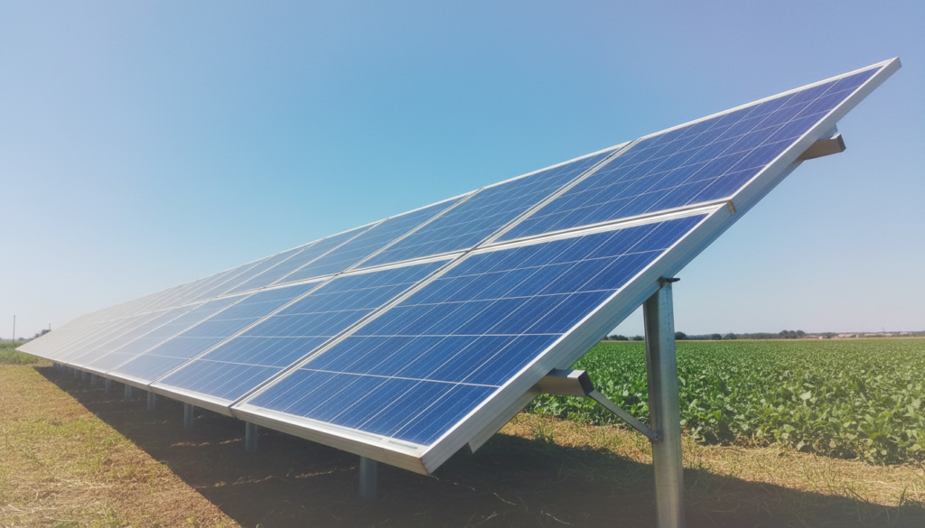 Generatedimage_1783625680336 Painéis de energia solar instalados diretamente no solo de uma propriedade rural com plantação verde ao fundo sob céu claro.