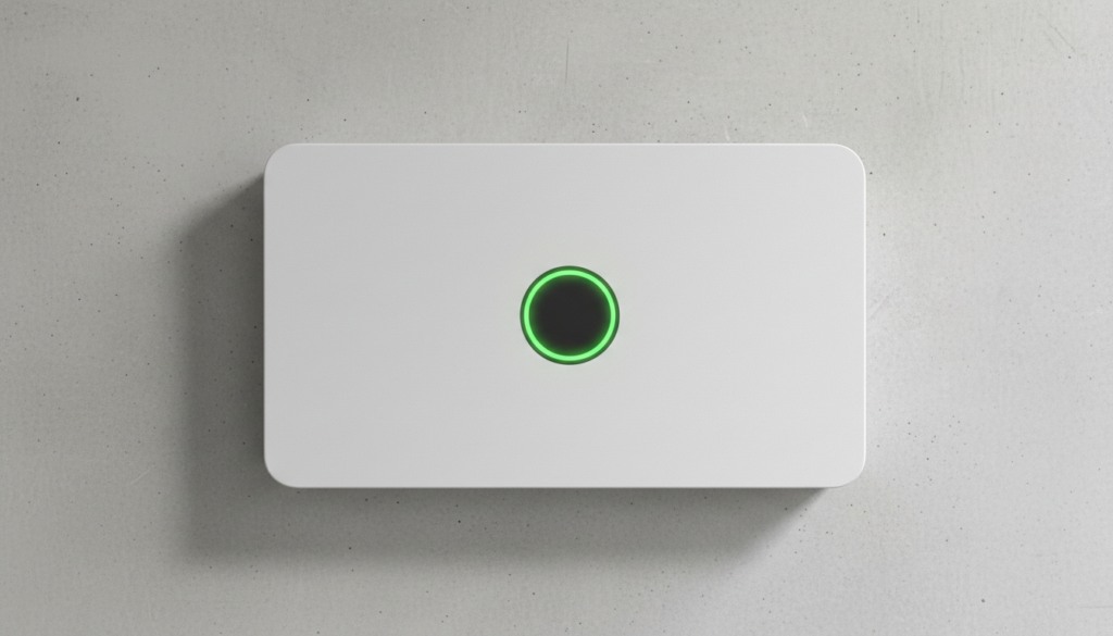 Gabinete de bateria de íon-lítio para armazenamento de energia residencial montado em parede de concreto com indicador LED verde aceso.