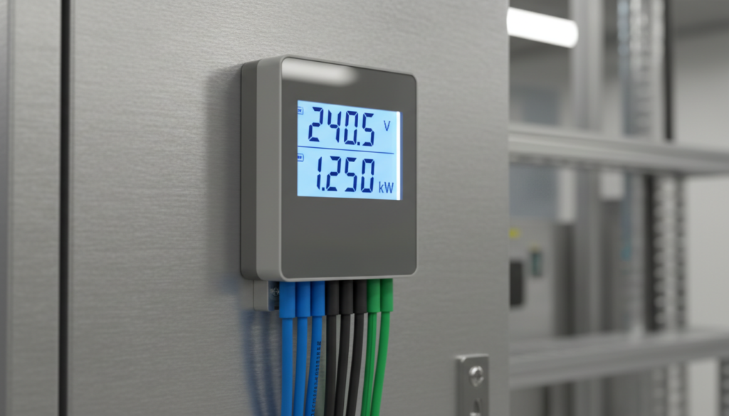 Medidor digital inteligente monitorando o consumo de eletricidade de uma fábrica durante o processo de transição energética.