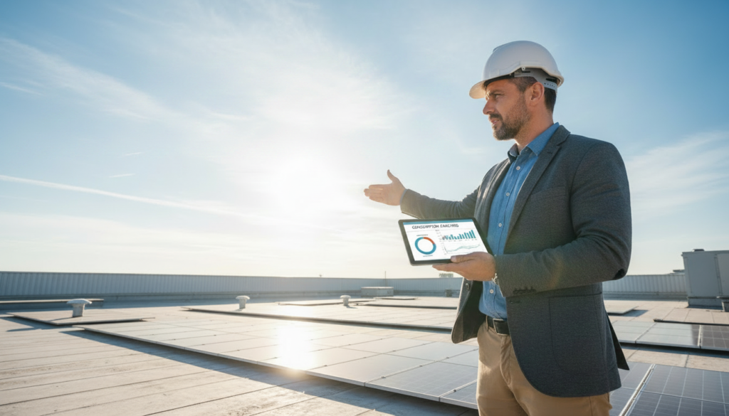 Consultor avaliando o espaço disponível para a implementação de projetos de energias renováveis.