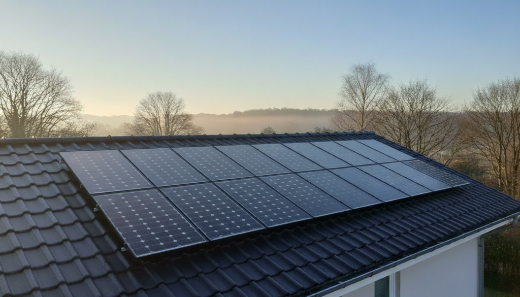 Telhado residencial com placas de energia solar funcionando em um dia limpo e frio de inverno