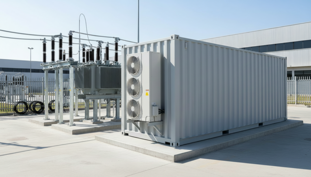 Contêiner modular com sistema BESS instalado no pátio técnico de uma indústria.