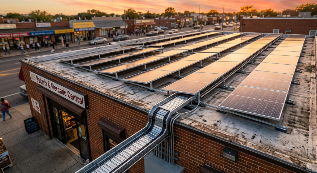 Painéis solares fotovoltaicos comerciais no teto de um comércio que utiliza o sistema BESS para economizar energia no horário de pico.