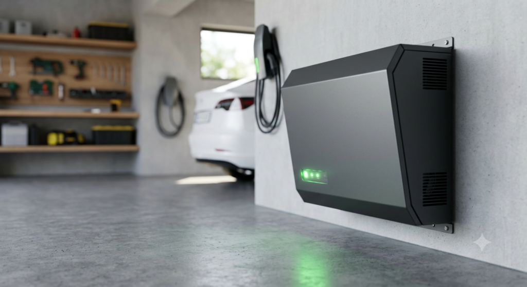 Armário de armazenamento de energia BESS instalado em uma parede de garagem moderna com luzes LED verdes indicando o funcionamento.