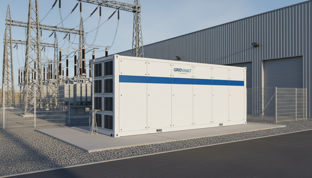 Container de sistema BESS de armazenamento de energia instalado em área industrial externa.