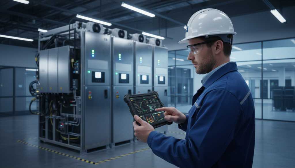 Técnico inspecionando painel elétrico de controle de inversores e armazenamento de energia.
