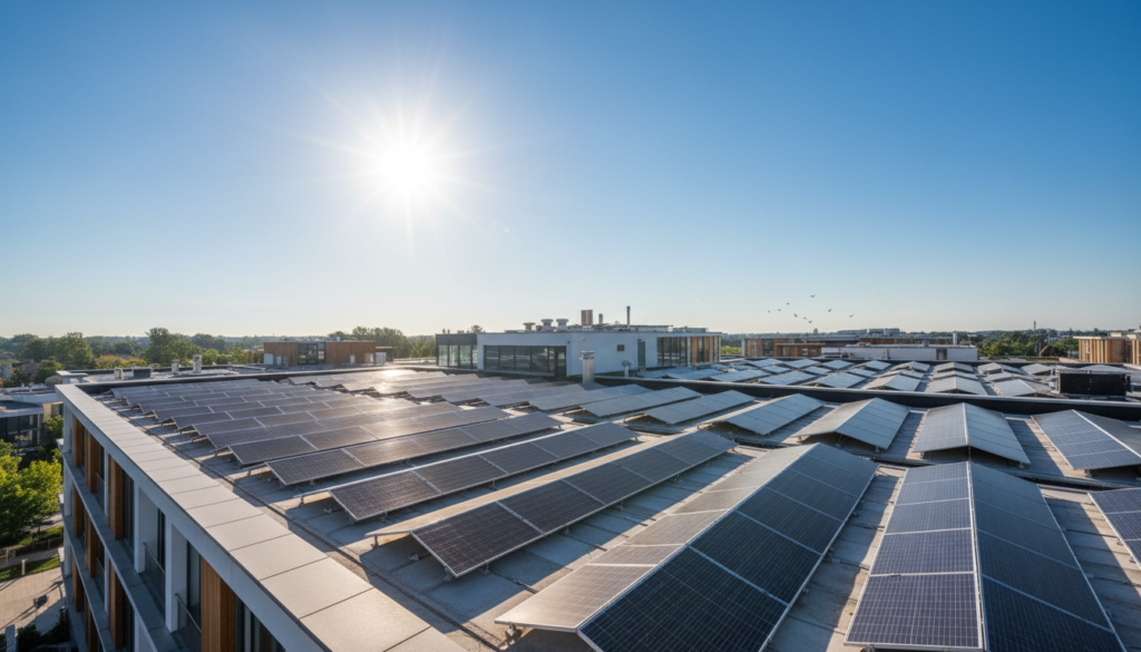 Telhado moderno com painéis solares instalados sob céu azul.