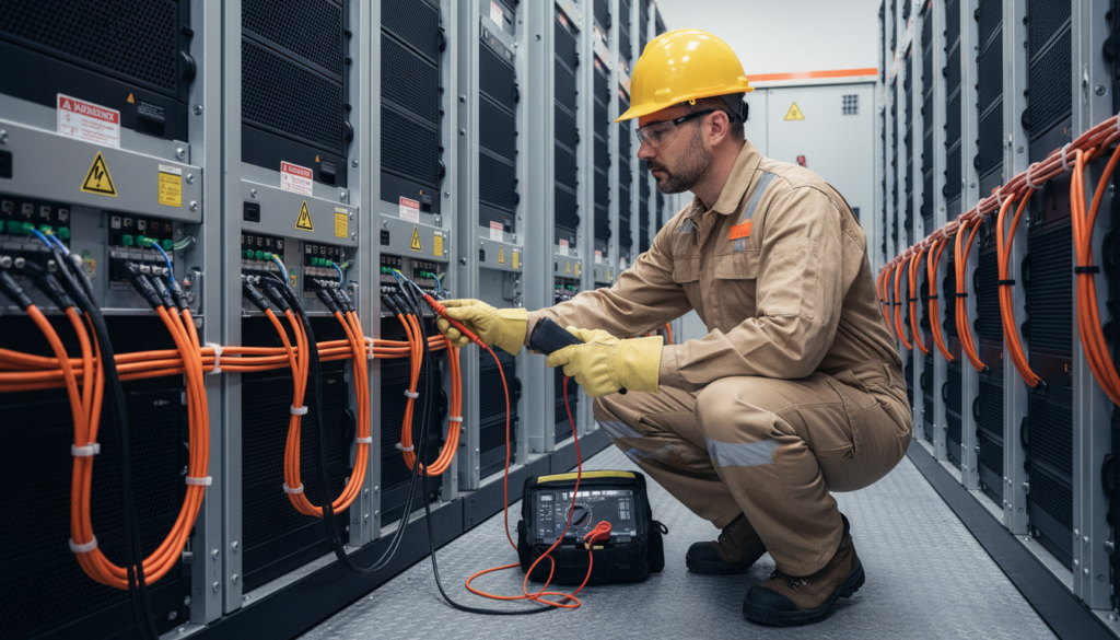 Técnico especializado realizando a manutenção de um sistema BESS.