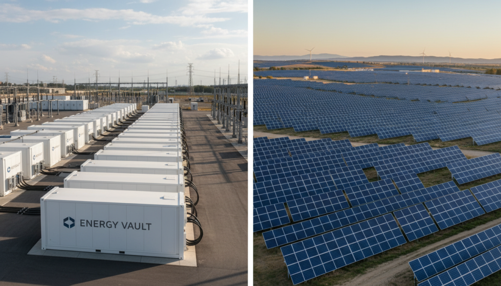 Split-screen mostrando sistema BESS industrial de armazenamento de energia (esquerda) e grande array de painéis solares (direita), representando a integração de energia renovável.