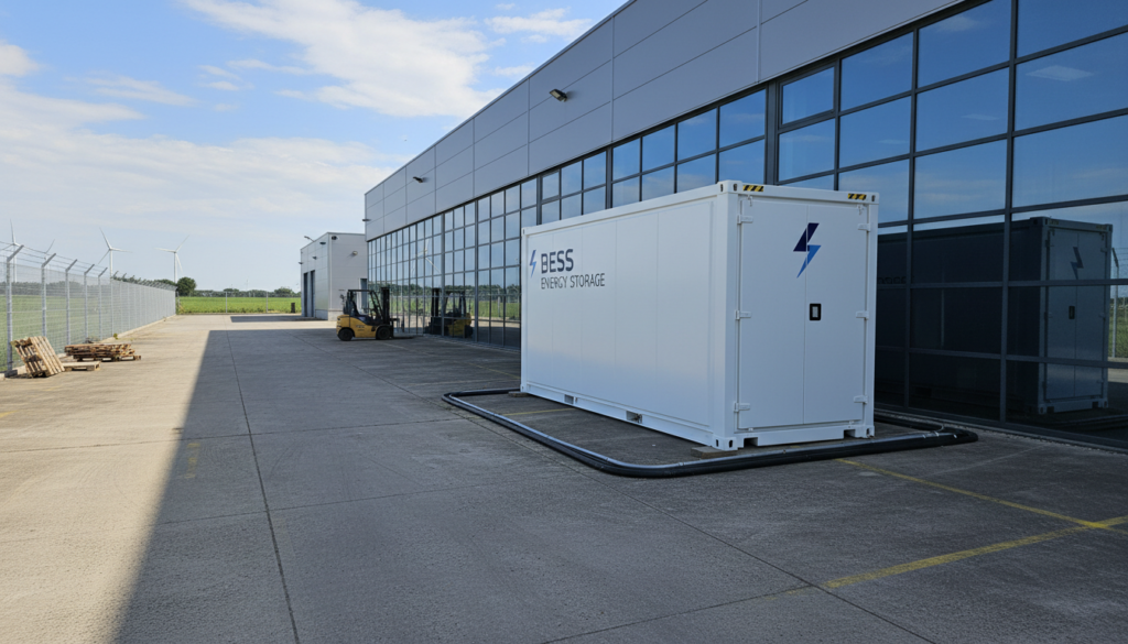 Sistema de armazenamento BESS instalado na área externa de uma empresa de médio porte.