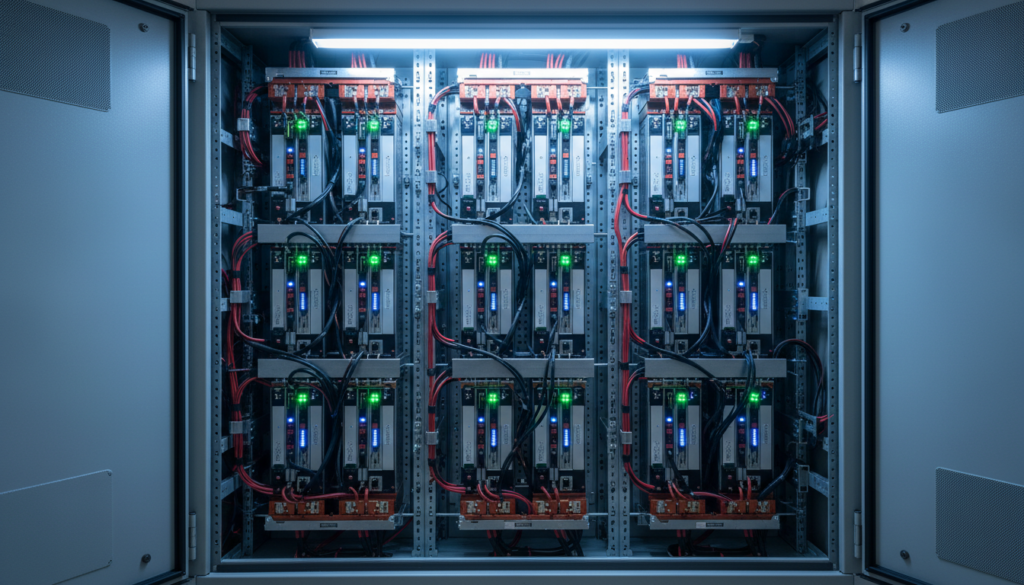 Detalhe das células de baterias de lítio dentro de um sistema de armazenamento BESS industrial.
