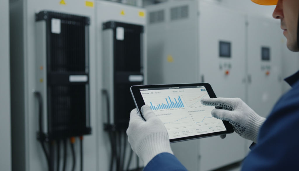 Engenheiro técnico analisando dados de consumo de energia para dimensionamento de armazenamento BESS.