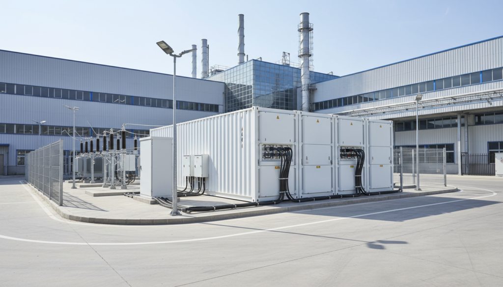 Container branco de sistema de armazenamento de energia BESS para indústrias instalado no pátio externo de uma fábrica moderna.