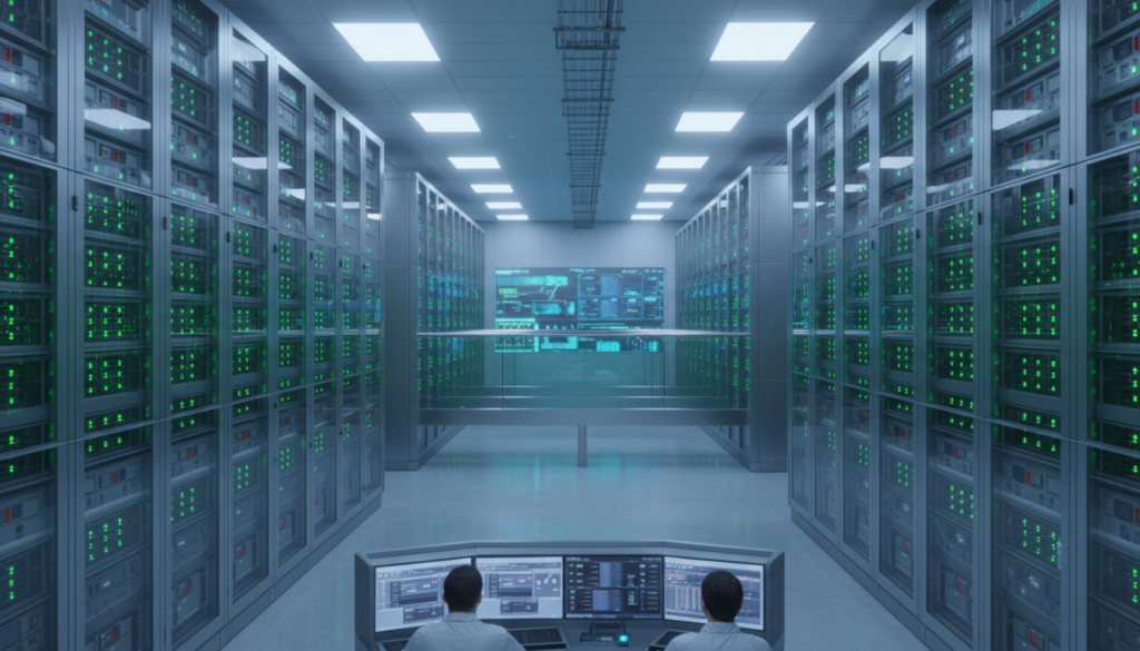 Módulos de baterias de lítio industriais instalados em racks dentro de uma sala de controle de energia limpa.