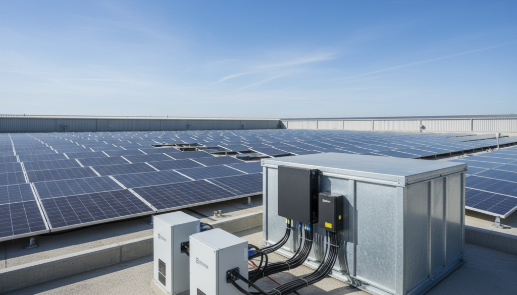 Sistema BESS de armazenamento de energia conectado a painéis solares em área comercial em 2026.