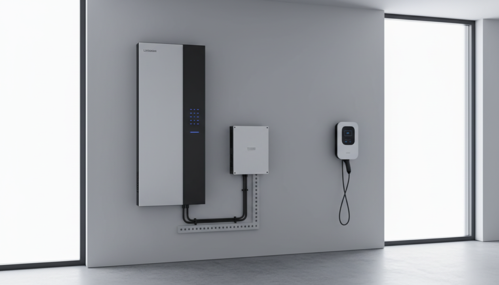Equipamento moderno de BESS residencial instalado na parede de uma garagem organizada e limpa.