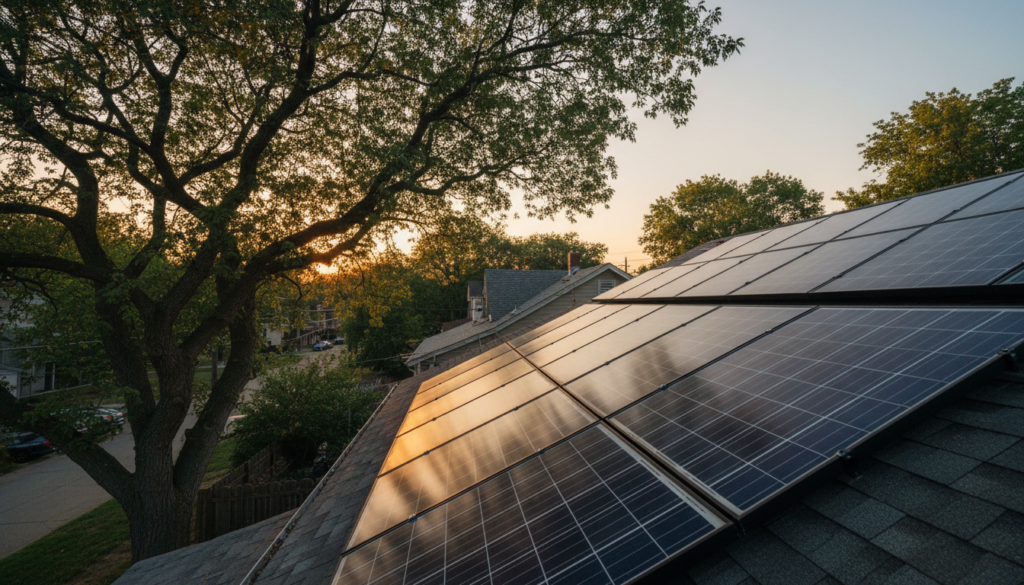 Sombra de galhos de árvores projetada sobre placas de energia solar instaladas no telhado de uma casa.