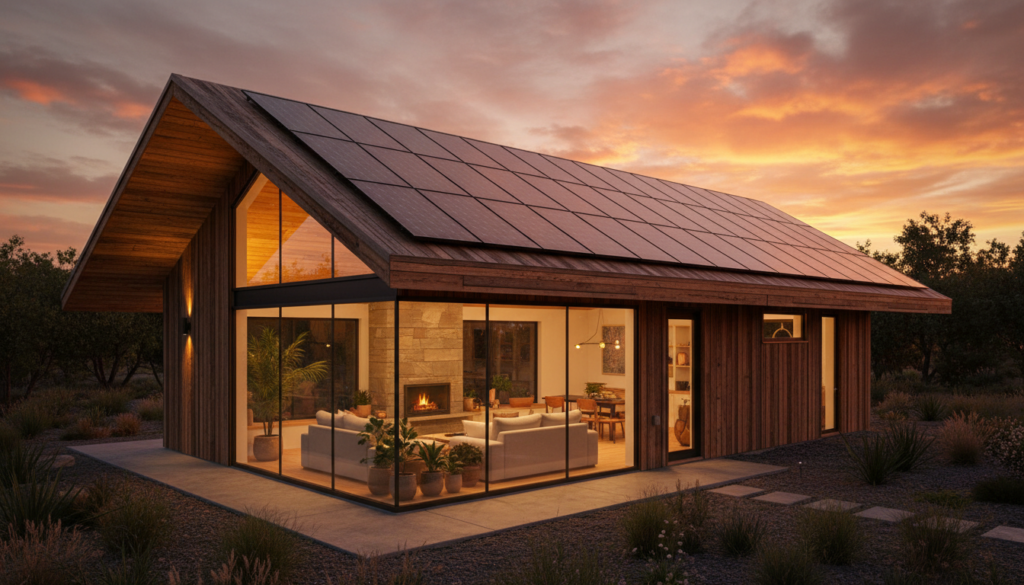 Casa moderna iluminada à noite utilizando sistema de energia solar residencial.