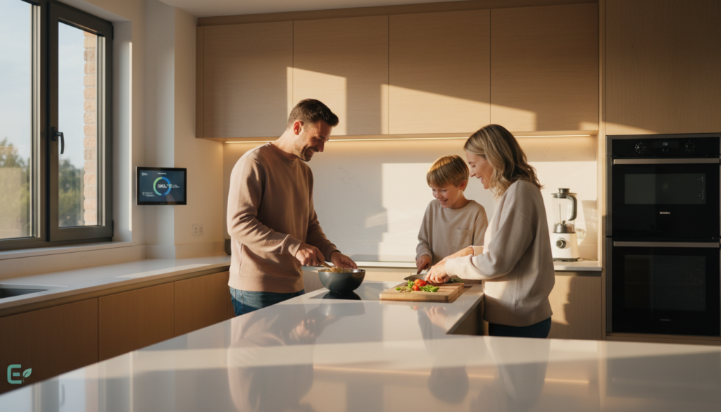 Família reunida em cozinha iluminada por eletricidade gerada via energia solar.