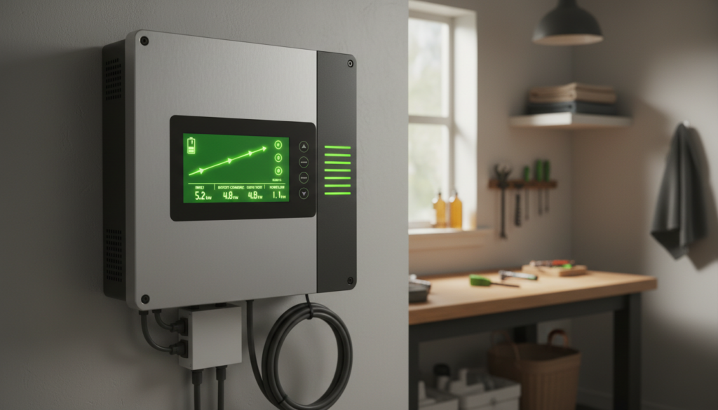 Inversor híbrido de energia solar gerenciando o carregamento do banco de baterias doméstico.