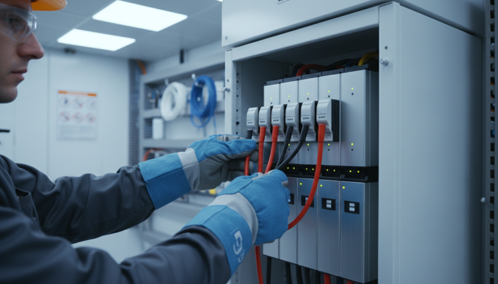 Técnico especializado realizando a manutenção do sistema de armazenamento de energia solar.