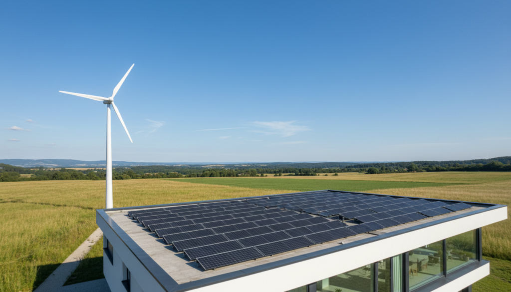 Instalação residencial de sistemas de energias renováveis com painéis solares e mini turbina eólica.