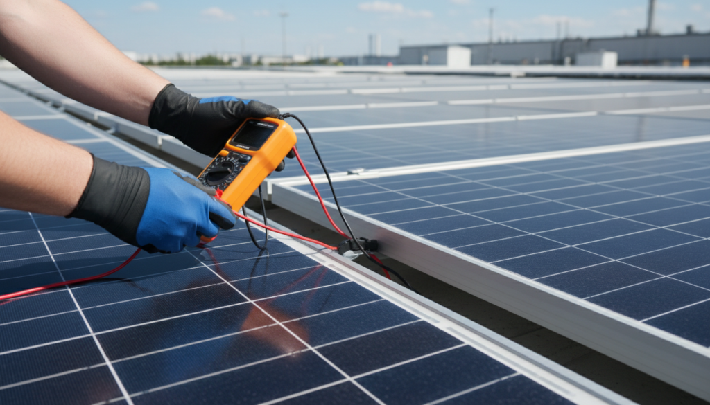 Técnico realizando vistoria em placas de energias renováveis para garantir o retorno do investimento.