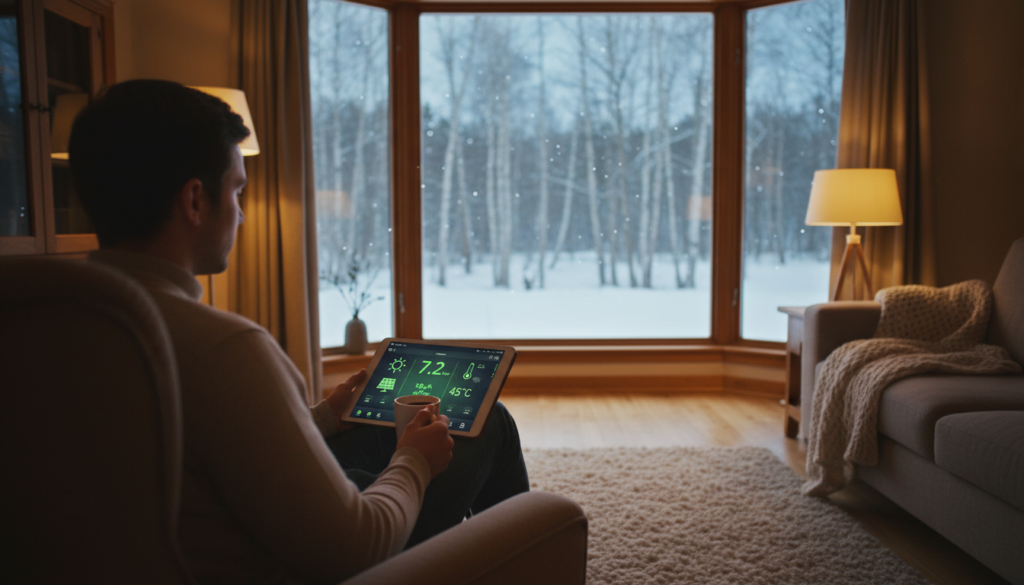 Pessoa acompanhando o rendimento e a geração de energia solar residencial pelo tablet no inverno