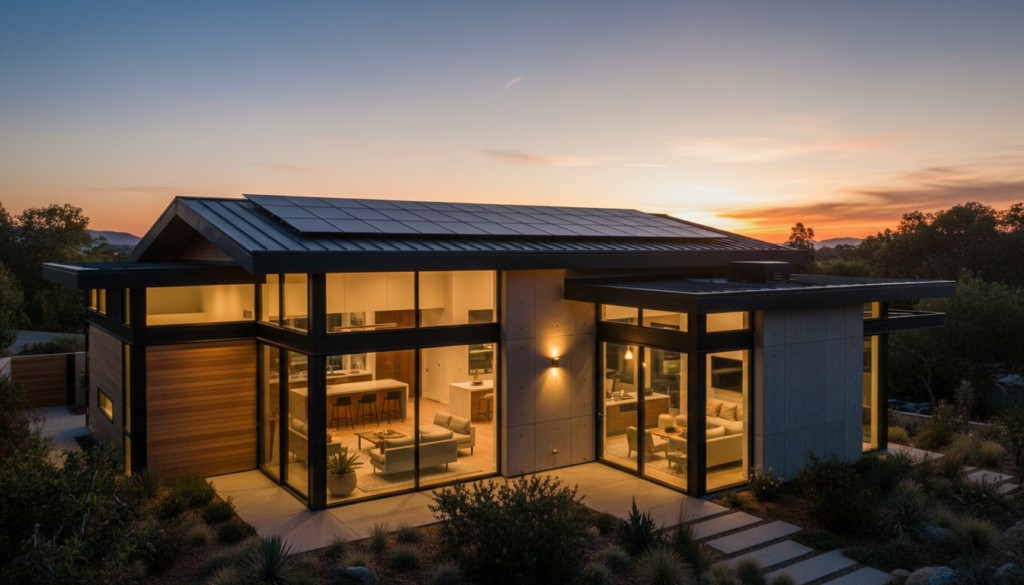 Casa residencial moderna equipada com sistema de energia solar funcionando ao entardecer.