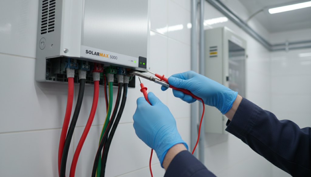Técnico profissional realizando a manutenção e ajuste de inversor para sistema de energia solar.