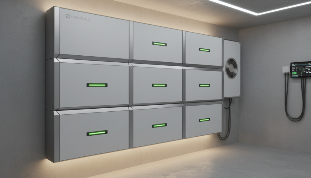 Banco de baterias de lítio instalado para armazenamento de energia solar residencial.