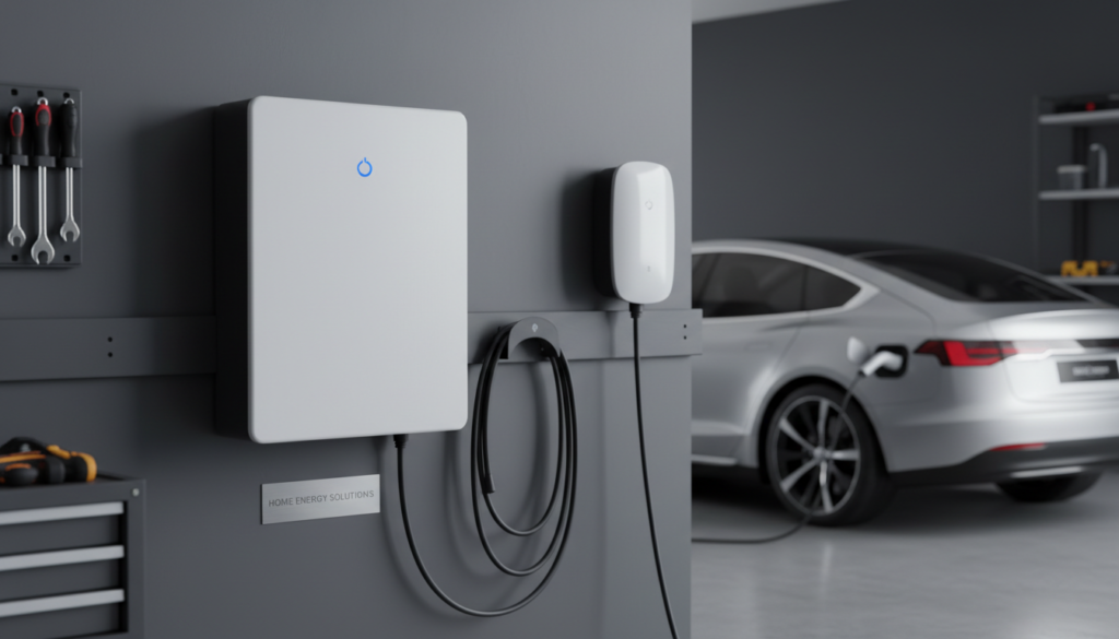 Módulo moderno de bateria de lítio instalado na parede de uma residência com sistema de energia inteligente.