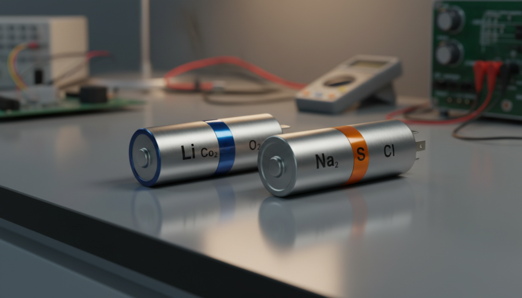 Células industriais lado a lado comparando o formato de uma bateria de lítio com a nova tecnologia de sódio.